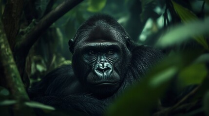 Obraz premium Gorilla Portrait: A Majestic Primate in Lush, Dark Rainforest