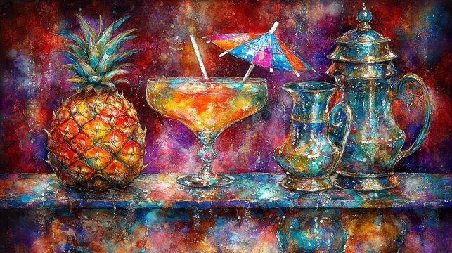 Abstract still life with a tropical cocktail pineapple and teapo