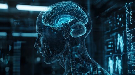 A futuristic, digital representation of a human brain with glowing neural pathways and a computer-generated interface in a dark, high-tech environment.