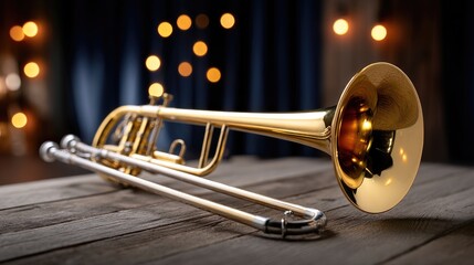Fototapeta premium A classic brass trombone laid diagonally across a weathered dark wooden stage