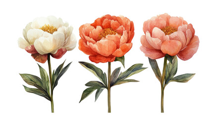 Obraz premium Three watercolor peony flowers in white, orange, and pink isolated on a transparent background