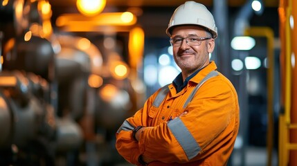 A male engineer wearing a hard hat and safety glasses, standing in a factory setting with industrial equipment and machinery in the background.