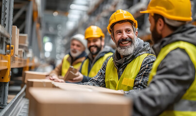 A team of workers is moving goods, happily enjoying the pleasure brought by work. Business, workers, moving, shelves, cartons, advertisements, backgrounds, base pictures, wallpapers