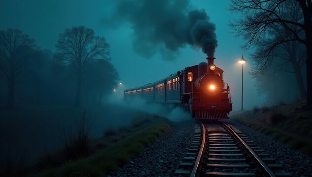 Spooky ghost train ride at night, dark and mysterious, foggy atmosphere , haunted, spooky atmosphere