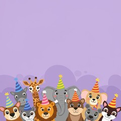Obraz premium Adorable Animals Party Celebration: Cartoon Wildlife Friends Wearing Festive Hats for Birthday or Special Occasion