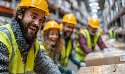 A team of workers is moving goods, happily enjoying the pleasure brought by work. Business, workers, moving, shelves, cartons, advertisements, backgrounds, base pictures, wallpapers