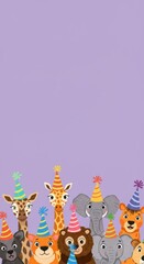 Fototapeta premium Adorable Animals Birthday Party Celebration: Cute Giraffe, Elephant, Lion, and More Wearing Party Hats