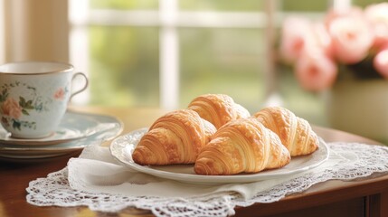 Delightful Morning: Golden Croissants and Tea
