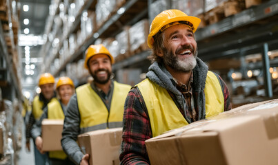 A team of workers is moving goods, happily enjoying the pleasure brought by work. Business, workers, moving, shelves, cartons, advertisements, backgrounds, base pictures, wallpapers