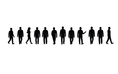 Line silhouette. This image is a black silhouette of a line of diverse people standing and walking together. Vector clipart illustration design.