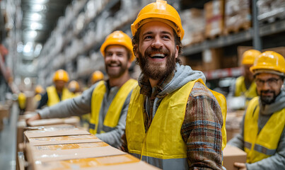 A team of workers is moving goods, happily enjoying the pleasure brought by work. Business, workers, moving, shelves, cartons, advertisements, backgrounds, base pictures, wallpapers