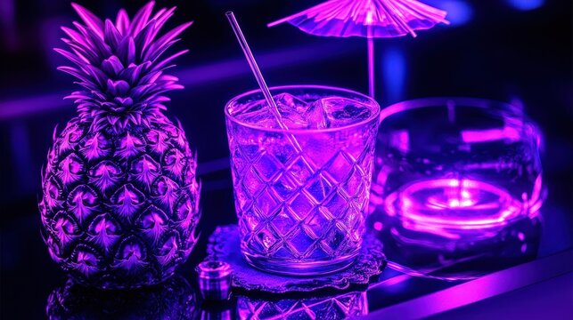 Vibrant neon cocktail setup pineapple drink nightlife vibrant pu