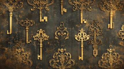 Vintage Keys Collection with Ornate Designs on Rustic Background for Home Decor and Art Projects