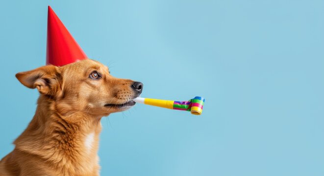 Adorable Golden Dog Celebrates Birthday with Party Hat and Horn, Festive Canine Fun against a Light Blue Background