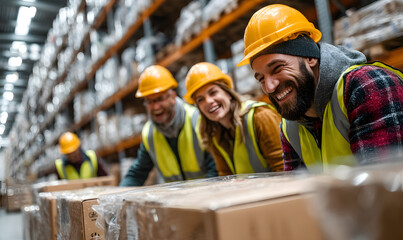 A team of workers is moving goods, happily enjoying the pleasure brought by work. Business, workers, moving, shelves, cartons, advertisements, backgrounds, base pictures, wallpapers