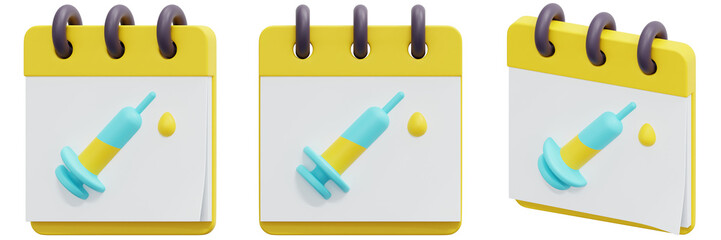 Set of Yellow Calendar with Syringe Icon, Vaccination Appointment Reminder 3d Render Icon Illustration