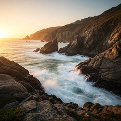 Rocky coastline with waves crashing against cliffs