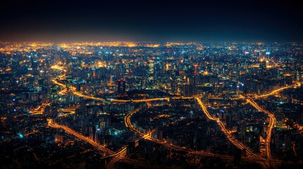 Aerial view of a bustling city at night, showcasing intricate road networks and illuminated skyscrapers