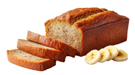 Banana bread loaf with slices isolated on a transparent background