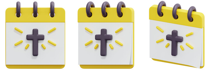 Set of a Yellow Calendar with a Purple Cross and Yellow Rays 3d Render Icon Illustration