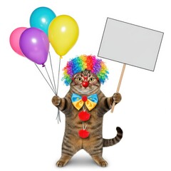 Naklejka premium Adorable Cat Clown Holding Balloons and Blank Sign: A Festive and Playful Image