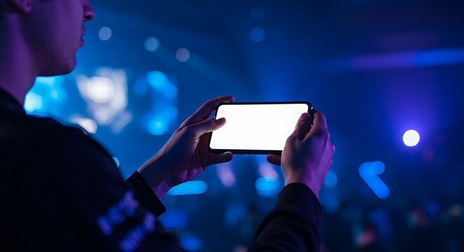 Using a smartphone at a vibrant music event with bright stage lights