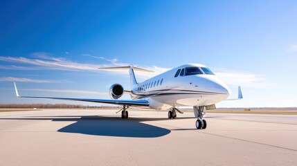 Obraz premium A glossy airplane with panoramic windows on a polished runway, angled shot, copy space on the left, luxurious ad vibe