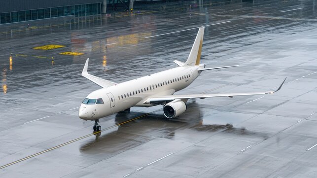 A glossy airplane with panoramic windows on a polished runway, angled shot, copy space on the left, luxurious ad vibe
