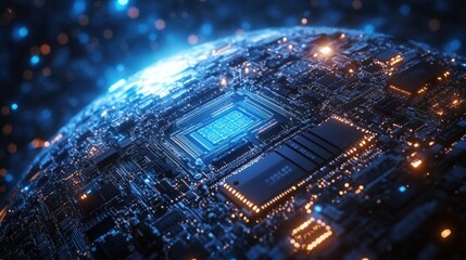 Futuristic Circuit Board Design with Quantum Elements Surrounded by Vibrant Lights and Patterns in a Digital Universe