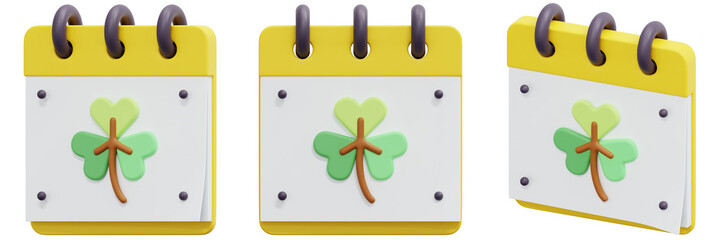 Set of Yellow Calendar with Green Shamrock 3d Render Icon Illustration