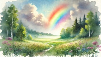 Rainbow over summer meadow with wildflowers, forest trees, and cloudy sky. Watercolor landscape painting with realistic natural details and misty atmosphere.