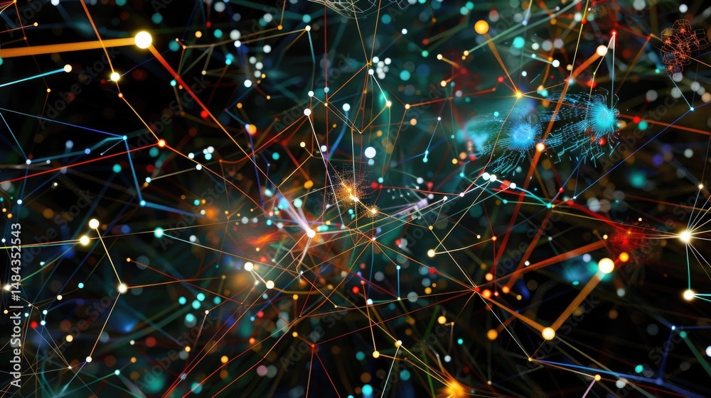 Poster abstract digital network with interconnected nodes and lines on a black background. glowing vibrant 