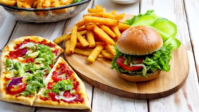 Pizza Burger Fries And Cucumber On White Wood Background In Studio Shot For Culinary Themes