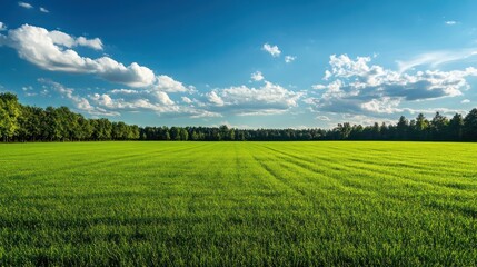Fototapeta premium Serene Summer Meadow: A Vibrant Green Field Under a Blue Sky