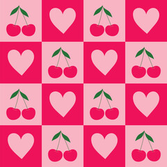 Seamless Pink Cherry and Heart Pattern. Cute Valentine's Day Love Background for Fabric, Wallpaper, Digital Paper. Illustration vector 10 eps.