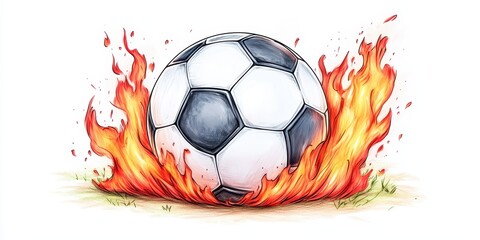 Fototapeta premium Dynamic soccer ball with fire flames sketch. Intensity and energy in a vibrant sports concept. Action, competition, passion, and motion in black, white, red, orange. Illustration for game, win, team.
