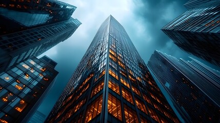 Corporate skyscrapers shaped like ascending financial graphs symbolizing business adaptation and growth in response to higher interest rates and economic changes