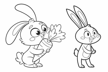 Coloring Page Outline Of cartoon cute bunny or rabbit with carrot. Animals. Coloring Book for kids