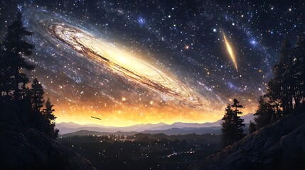 Galaxy view over mountain valley
