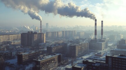 Industrial Cityscape with Smoke Emitting from Chimneys, Urban Pollution and Cold Weather in a Sunrise Atmosphere