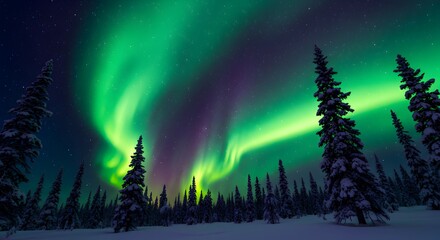 Christmas Background: Aurora Borealis Display Over Snowy Winter Forest