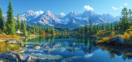 Fototapeta premium Majestic Mountain Lake Serenity: A Breathtaking Panorama of Alpine Beauty