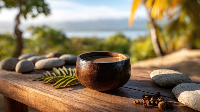 A traditional kava bowl resting on a wooden surface, surrounded by small stone slabs and tropical leaves