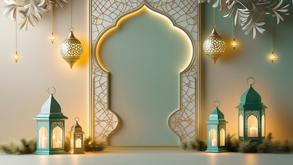 Elegant Islamic Festive Background Ramadan Kareem, Eid Mubarak Decorations with Lanterns and Arches