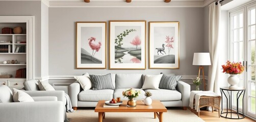 Charming English cottage living room gallery wall with framed printable art prints, DIY home decor mockup, cottagecore,   art prints