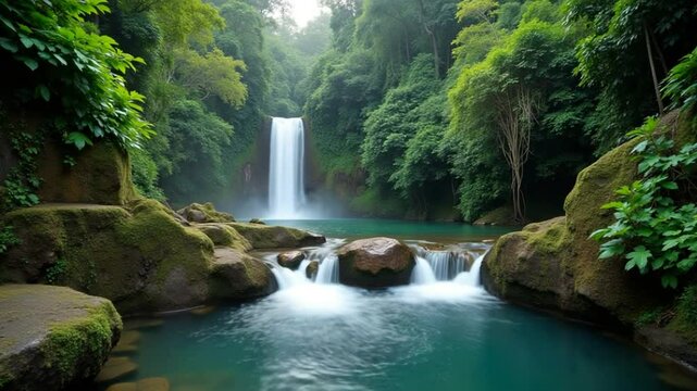 Scenic nature and beautiful Tibumana Waterfall in Ubud, Bali.