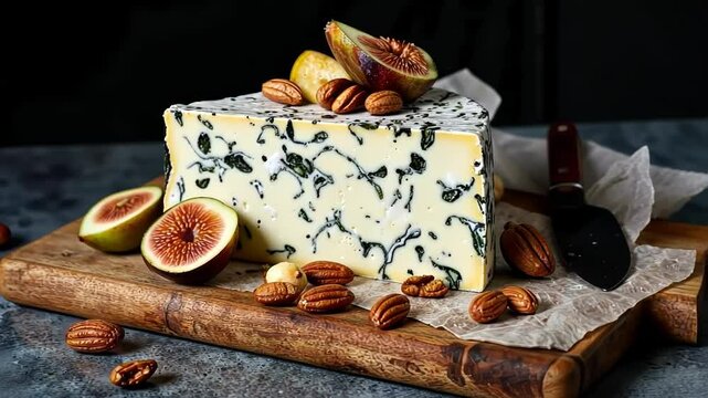 Artisan blue cheese with figs and nuts displayed on wooden board  