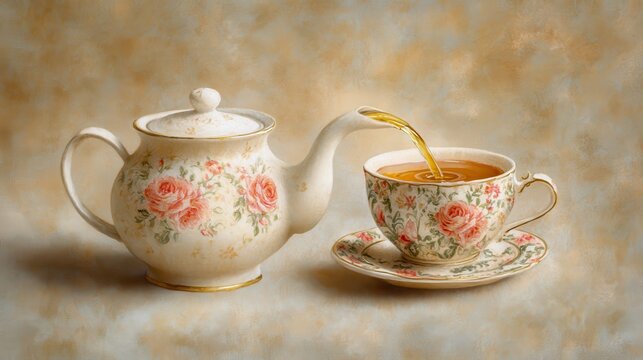 Elegant tea service showcasing vintage floral teapot pouring fra