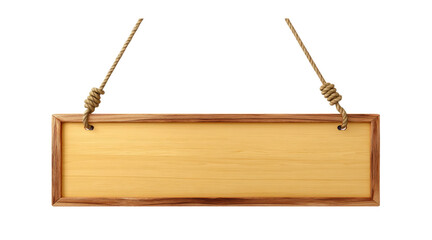 Wooden sign hanging from ropes isolated on a transparent background