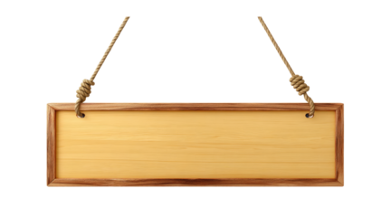 Wooden sign hanging from ropes isolated on a transparent background